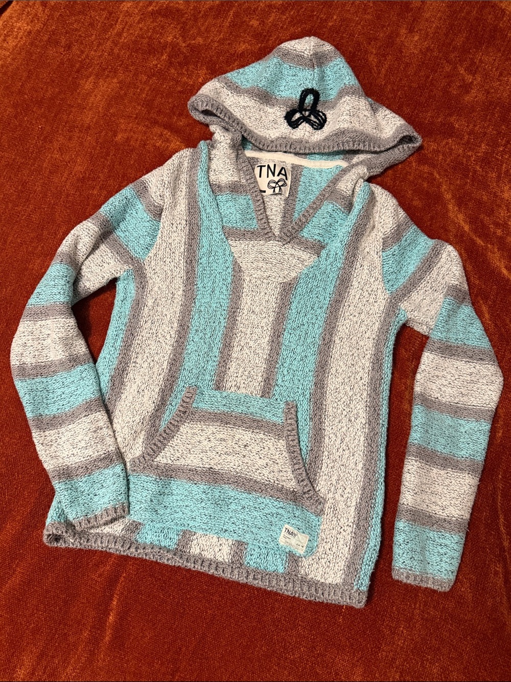 TNA | Y2K Striped Baja Hooded Pullover in Aqua & Light Gray | S | EUC